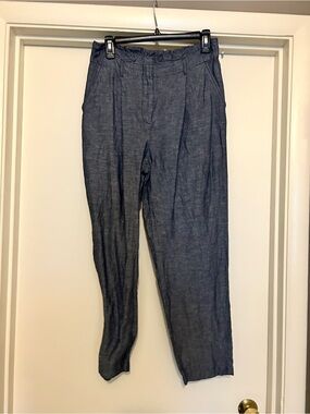 LOFT Dark Blue Cropped Linen-Blend Pants